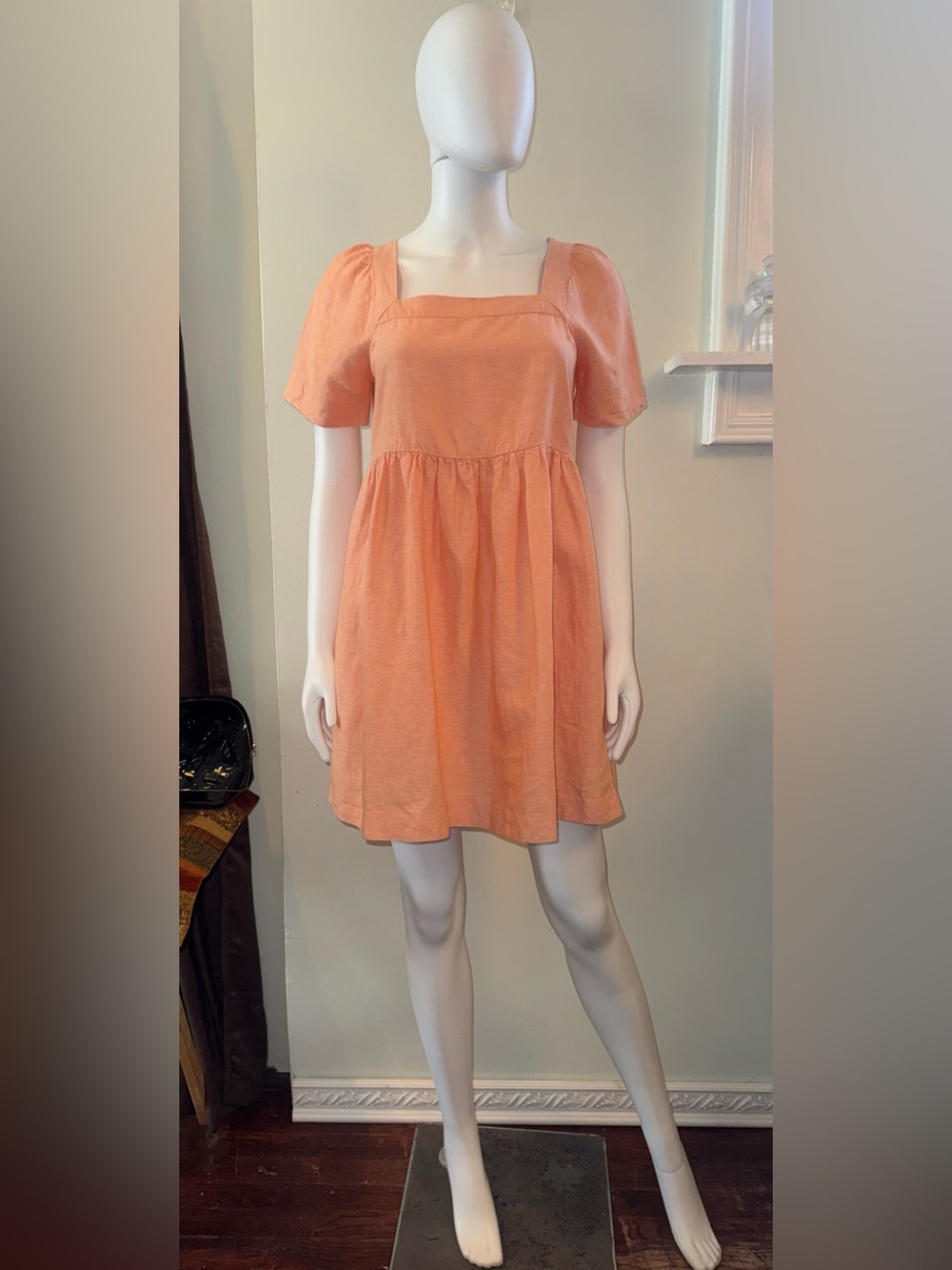 Madewell Coral Square-Neck Puff-Sleeve Mini Dress